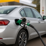 Mietwagen an Tankstelle mit Warnhinweis zu möglichen Zusatzgebühren bei Tankregelungen