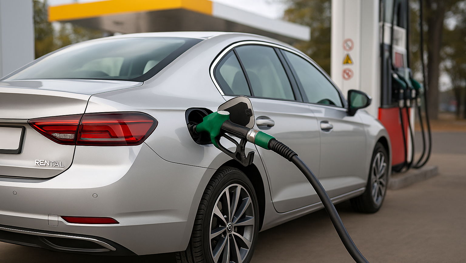 Mietwagen an Tankstelle mit Warnhinweis zu möglichen Zusatzgebühren bei Tankregelungen